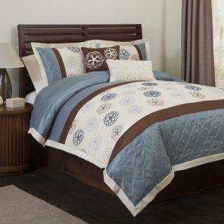 6pc Corey Blue Brown Ribbon and Floral Embroidered Faux Silk Comforter 