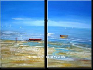    Painting Stretched Hand pained 40 x32 Blue Sky Sea Boat Beach GH042