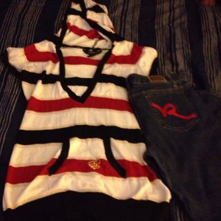 Rocawear Dark Blue Jeans and Striped Hooded Sweater Womens Juniors 