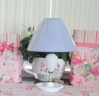   White Hobnail MILK GLASS Table Lamp w New BLUE & WHITE GINGHAM Shade