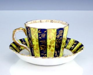 Bodley English Porcelain Yellow & Black Paneled Cup & Saucer Wilhelm 