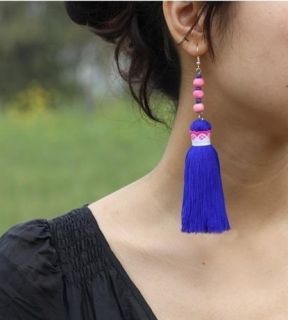    fancy elegant tribal pink bead blue tassel handmade dangle earrings
