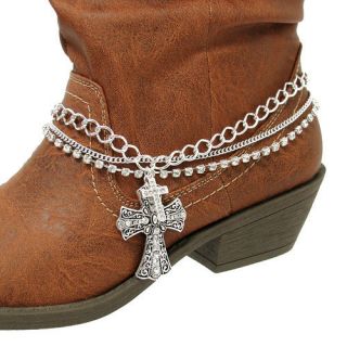 SILVER CHAIN BOOT ANKLET BRACELET WITH CROSS CHARM FOR BOOTS