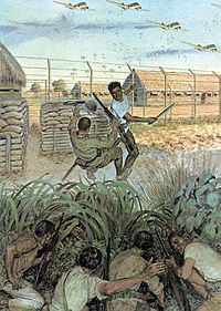 Painting of a guerrilla armed with a bolo knife divesting a Japanese 