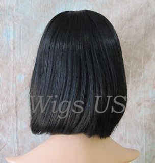 Human Hair Wigs Long Bob Center Skin Part Long Bangs Jet Black Wig FSP 