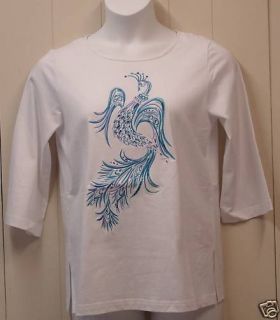 Bob Mackie Fantasy Peacock Embroidered Tee Size L White