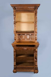 Antique Carved Oak Single Door Bookcase Cabinet Display