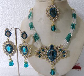 Indian Bridal Blue Stone with White Bead Works Kundan Necklace Set 
