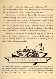 1926 Vintage Ad Cranes Bond Letterhead Paper Dalton MA   ORIGINAL 