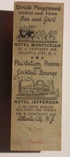 1950s Matchbook Fetter Jefferson Hotel Atlantic City NJ