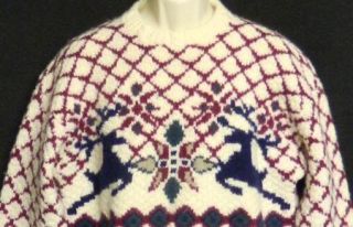 Boston Traders Size L Ivory Wool Sweater Reindeer Nordic Chunky Cable 