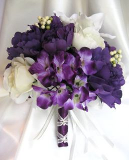 Wedding bouquet Bridal Silk flowers PURPLE IVORY CREAM LILY 10pc 