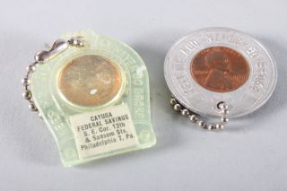 2pc Lot Vintage 1960s Good Luck Token Penny Keychains Bank Promo 
