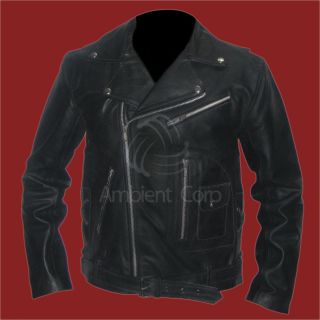 Mens Classic Black Brando Genuine Leather Biker Jacket Terminator 