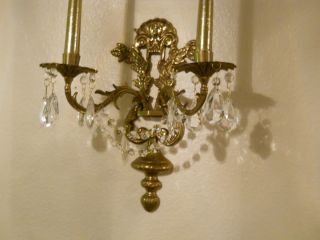Brass Candle Holder Wall Sconce with Crystal Prisms Antique Vintage 
