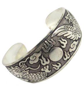 Silver Tone Brass Embossed Design Adjustable Cuff Bracelet Fashion 