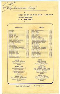 Cafe Restaurant Congo Menu Breda The Netherlands 1950S