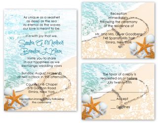 50 Beach Starfish Sand Heart Wedding Invitations with RSVP Reception 
