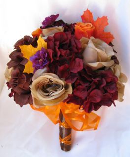 17pc Bridal Bouquet Wedding Flowers Fall Red Brown