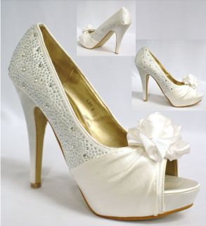   Ivory Satin Diamante Peeptoe Platform Bridal Wedding Shoes 3 8
