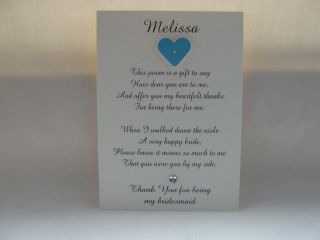 Thank You Bridesmaid Poem Card Personalised Handmade