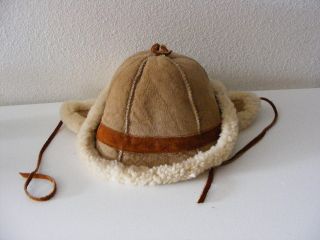 Vintage Shearling Sherpa Sheep Lamb Skin Hat Leather Wool Ear Flaps 