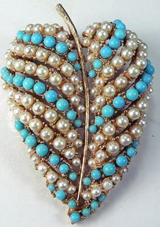 Vintage Jewelry Signed ART Leaf Pin, Simulated Pearl, Turquoise Beads 