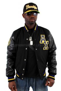 Aviatrix College Baseball Half Leather Wool Jacket Black