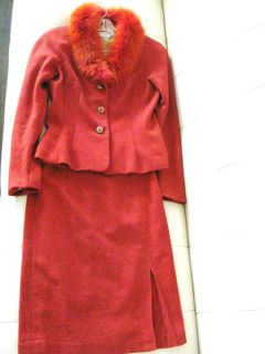 KAY UNGER Real Fox Fur Collar Burnt Orange Red Suit Jacket Blazer 