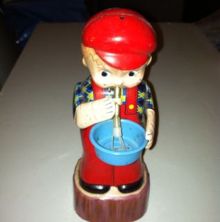  50S BUBBLE BLOWING TIN LITHO BOY WIND UP. WORKS SAN TOYS BY MARUSAN