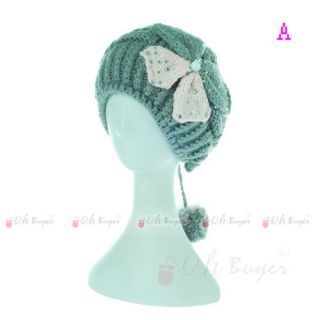 Bowknot Adjustable Womens Soft Snow Wool Knit Winter Hat Ski Skull 