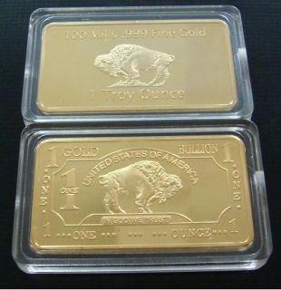 oz ounce GOLD BUFFALO BAR 100 Mills 999 24k Gold Layered NEW bar 