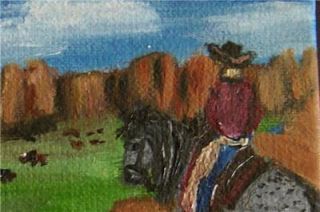 ACEO Original Art Canvas Painting Cowboy Buffalo Valley