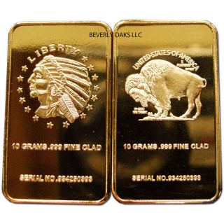 10 Ten 10 Gram 999 24K 100 Mills Fine Gold Buffalo Indian Art 