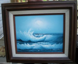 William Oil on Canvas Painting Ocean Seagulls Framed