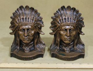   1920s Western Bronze *Sitting Bull* Indian Cheif Bust Figural Bookends