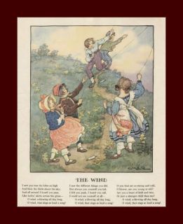 Children Flying Kites by Burd Vintage Print Authentic 1929