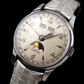   Zodiac 17 Jewel Cal 1100 Triple Calendar Moon Phase Wrist Watch