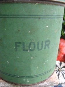 Primitive Antique Country Kitchen Tin Flour Canister Dark Moss Green 