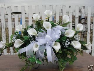 White Calla Lilies Cemetery Grave Flowers Feathery Fern Silk Casket 