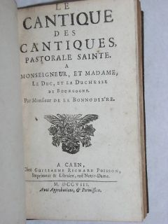 Cantique La Bonnodiere RARE Edition Caen Bilingue 1708