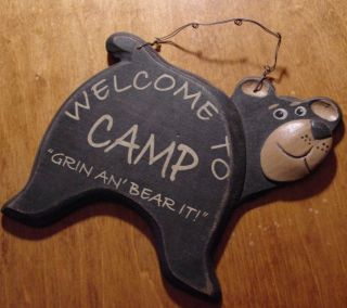 Welcome to Camp Wood Carved Black Bear Sign Lodge Log Cabin Home Decor 