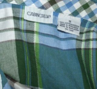 Cabin Creek Top Blouse 1x Button Front Green Wht Blue Plaid Short 