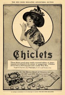 1908 Ad Chiclets Fashionable Girl Hat Chewing Gum Kraft   ORIGINAL 
