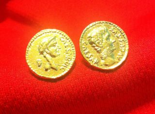 ANCIENT ROMAN RULERS JULIUS CAESAR AUGUSTUS GOLD PLATED COIN CUFFLINKS 