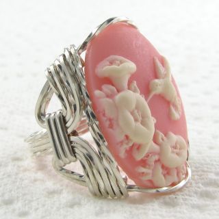 Hummingbird Pink Cameo Ring Sterling Silver Custom Jewelry