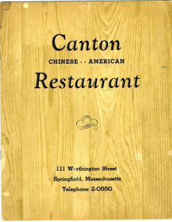 Canton Chinese American Restaurant Menu Springfield Massachusetts 1950 
