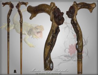   AUTHORS LIZARD & FLOWER HANDLE CARVED REAL OAK WOOD WALKING STICK CANE