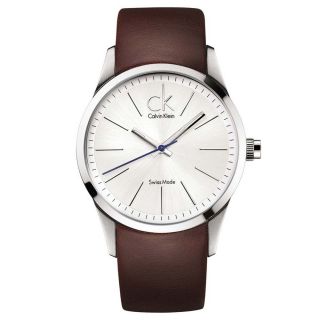 Calvin Klein K2241138 Mens Silver Dial Brown Leather Strap Stainless 