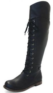 Blossom Cana 5 Women Round Toe Distressed PU Lace Up Thigh High Siding 